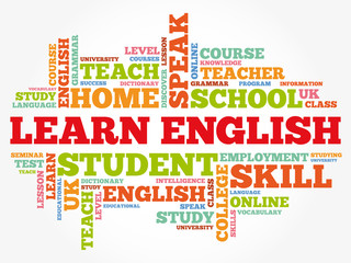 Learn English word cloud collage, education concept background