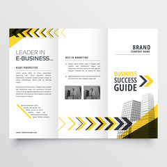 awesome tri fold brochure design in yellow black shapes with arrow - obrazy, fototapety, plakaty