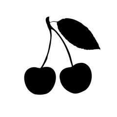 Two black cherries on twigs, silhouette on a white background.vector