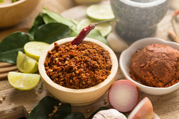Assortment of Thai food Cooking ingredients. Spices ingredients chilli pepper garlicgalanga and kaffir lime leaves