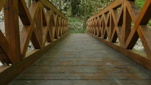 Passage over river made of planks tilting footage - Slow tilt on wooden forest bridge video