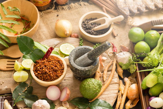 Assortment of Thai food Cooking ingredients. Spices ingredients chilli pepper garlicgalanga and kaffir lime leaves