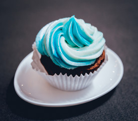 Chocolate caramel cupcake with nuts and butterscotch syrup