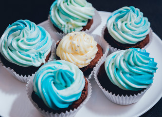Chocolate caramel cupcake with nuts and butterscotch syrup