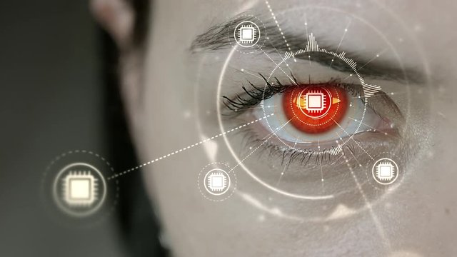 Young cyborg female blinks then computer cpu symbols appears. 4K+ 3D animation concept.