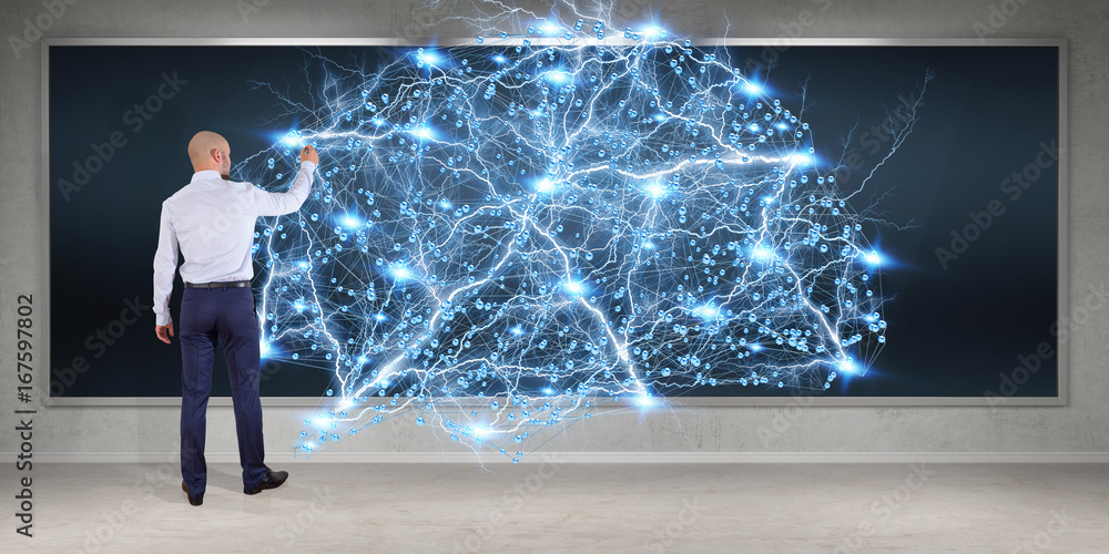 Poster Businessman using digital brain interface on a board 3D rendering