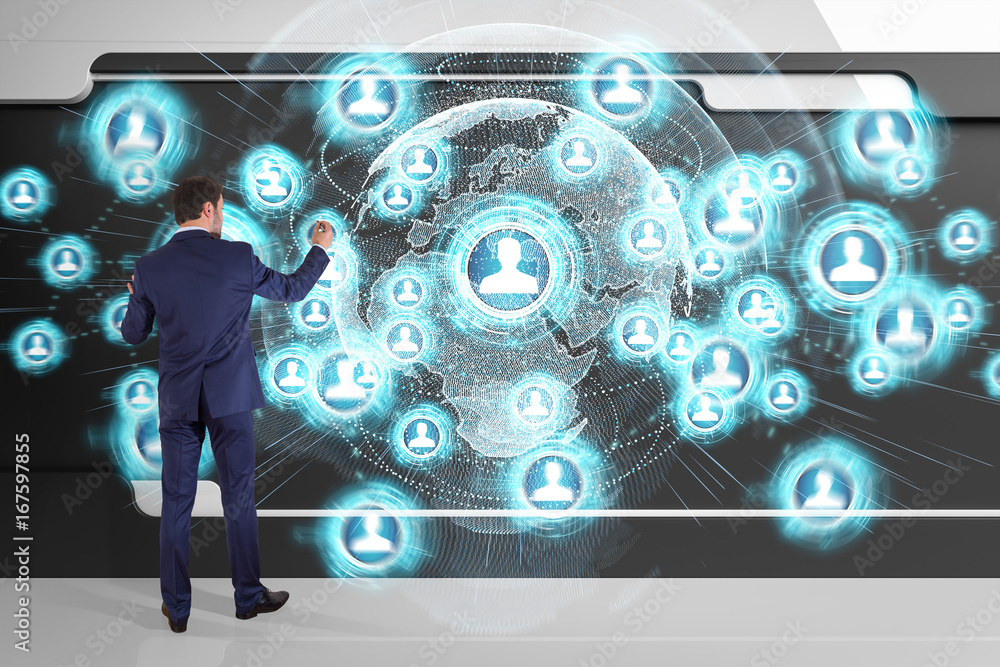 Poster Businessman using social network interface on a board 3D rendering