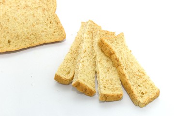 Slice of bread on white background. Breackfast food.
