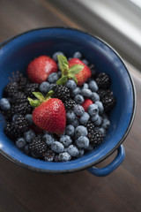 A blue colander sits on a wooden table, filled with fresh, organic, brightly colored strawberries, blueberries and blackberries, by a window. 