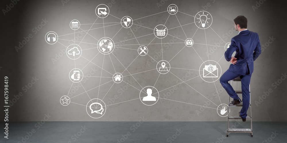 Poster Businessman using social network interface on a wall 3D rendering