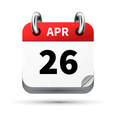 Bright realistic icon of calendar with 26 april date isolated on white