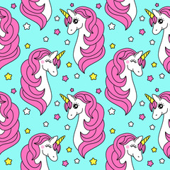 Cute childish seamless pattern with cartoon character of magic unicorn