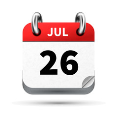 Bright realistic icon of calendar with 26 july date isolated on white