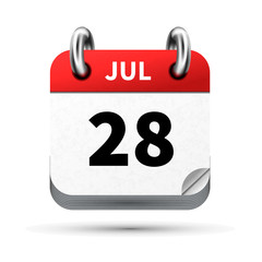 Bright realistic icon of calendar with 28 july date isolated on white