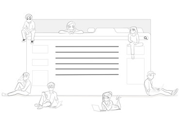 little people sitting near the site pages (browser). The concept of users and developers. vector illustration.

