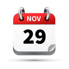 Bright realistic icon of calendar with 29 november date isolated on white