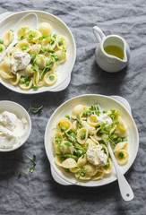 Pasta with green peas, asparagus and fresh ricotta. On a gray background, top view. Healthy delicious food