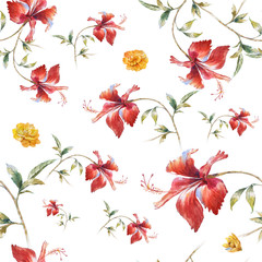 Watercolor painting of leaf and flowers, seamless pattern on white background