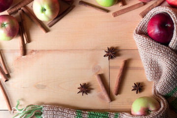 Fresh green and red apple on wooden background. Detox and diet concept