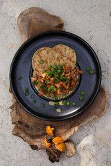 Pilzragout mit Serviettenknödel auf schwarzem Teller