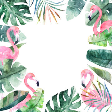 Watercolor frame with tropical jungle leaves and pink flamingo.Hand drawn aloha illustration