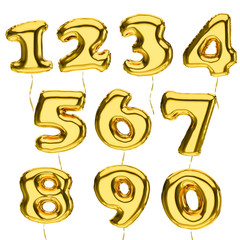 Golden metallic Balloon 3d Numbers vector set isolated on white background.