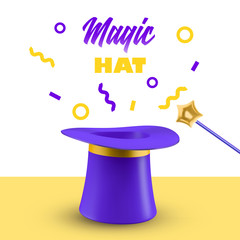 Cylinder magic hat and wand vector illustration. 3D Top hat isolated on white background