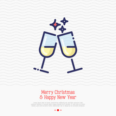 Two glasses of champagne thin line icon. Vector illustration of party, Christmas and New Year symbol.