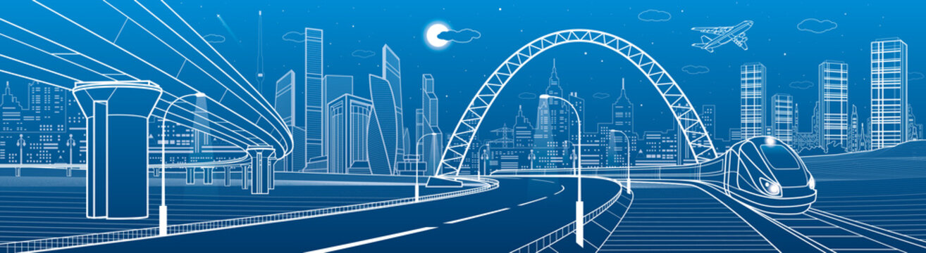 Infrastructure transport panorama. Train rides under bridge. Towers and skyscrapers. Urban scene, modern city on background, industrial architecture. Highway overpass. White lines, vector design art 