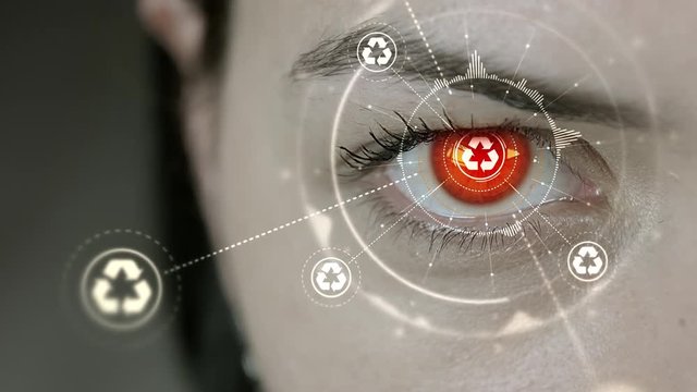 Young cyborg female blinks then recycling symbols appears. 4K+ 3D animation concept.