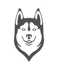 Silhouette of the head of a cheerful and friendly dog of the breed Husky. Black vector isolated on background. 