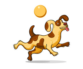 Drawing of a jumping merry dog with a ball. Color vector isolated on background.