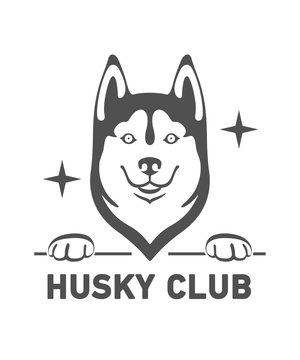 Silhouette of the head of a cheerful and friendly dog of the breed Husky with letters Husky Club. Black vector isolated on background. 