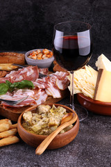 Italian antipasti wine snacks set. Cheese variety, Mediterranean
