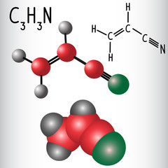 Acrylonitrile molecule - structural chemical formula and model.