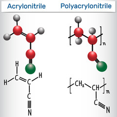 Acrylonitrile and polyacrylonitrile (PAN) polymer molecule - structural chemical formula and model