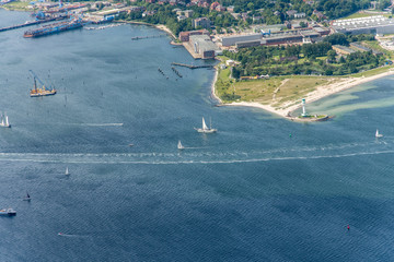 Panorama flight over the north of Germany. Schleswig-Holstein and Fehmarn