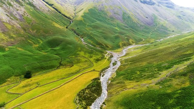 Mountain Valley Reveal Aerial View, Wasdale, Lake District, UK