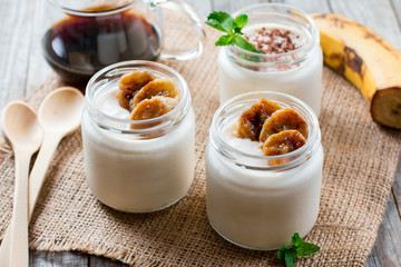 Fresh banana yogurt, delicious dessert for healthy breakfast