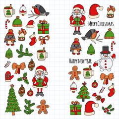 Christmas New year Santa Claus Doodle vector icons Presents Birds Christmas tree Candy Christmas bell Snowflake