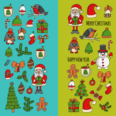 Christmas New year Santa Claus Doodle vector icons Presents Birds Christmas tree Candy Christmas bell Snowflake