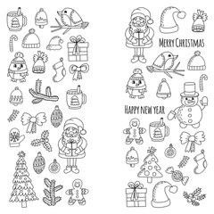 Christmas New year Santa Claus Doodle vector icons Presents Birds Christmas tree Candy Christmas bell Snowflake Coloring page