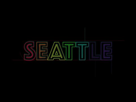 Word Seattle in Rainbow Colors Builds Up Slowly On Black Background