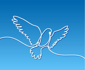 Continuous one line drawing. Flying pigeon logo. White on blue gradient background. Concept for logo, card, banner, poster, flyer