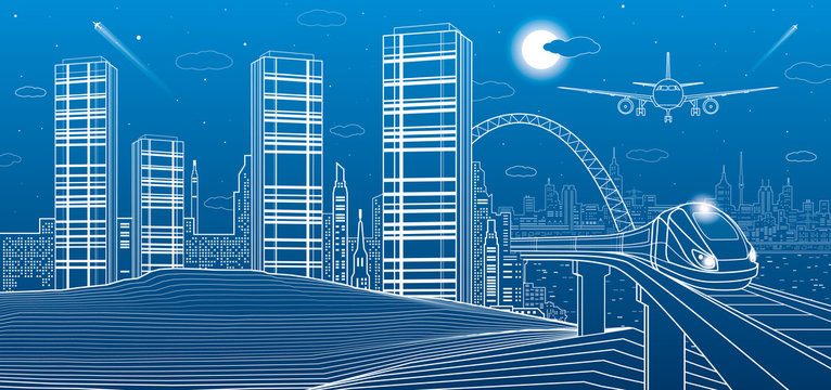 Train move on the bridge, mountains, night city on background, towers and skyscrapers, infrastructure and transport illustration, airplane fly, white lines, vector design art