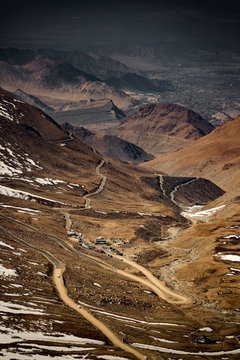 Pass on the mountain covered by snow to Nubra Valley in winter, Ladakh, Jammu and Kashmir, India.