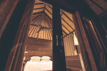 Wooden interior of villa on a tropical island of Nusa Lembongan, Bali, Indonesia.