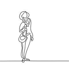 Fashion standing woman with bag. Continuous line drawing. Vector illustration