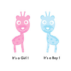 Obraz premium It's a boy it's a girl. Baby shower pink and blue giraffe. Baby shower greeting card