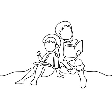 Kids reading books. Back to school concept. Continuous line drawing. Vector illustration on white background
